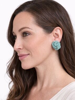 Vintage Turquoise Beaded Cluster Clip-On Earrings Statement 80s Style